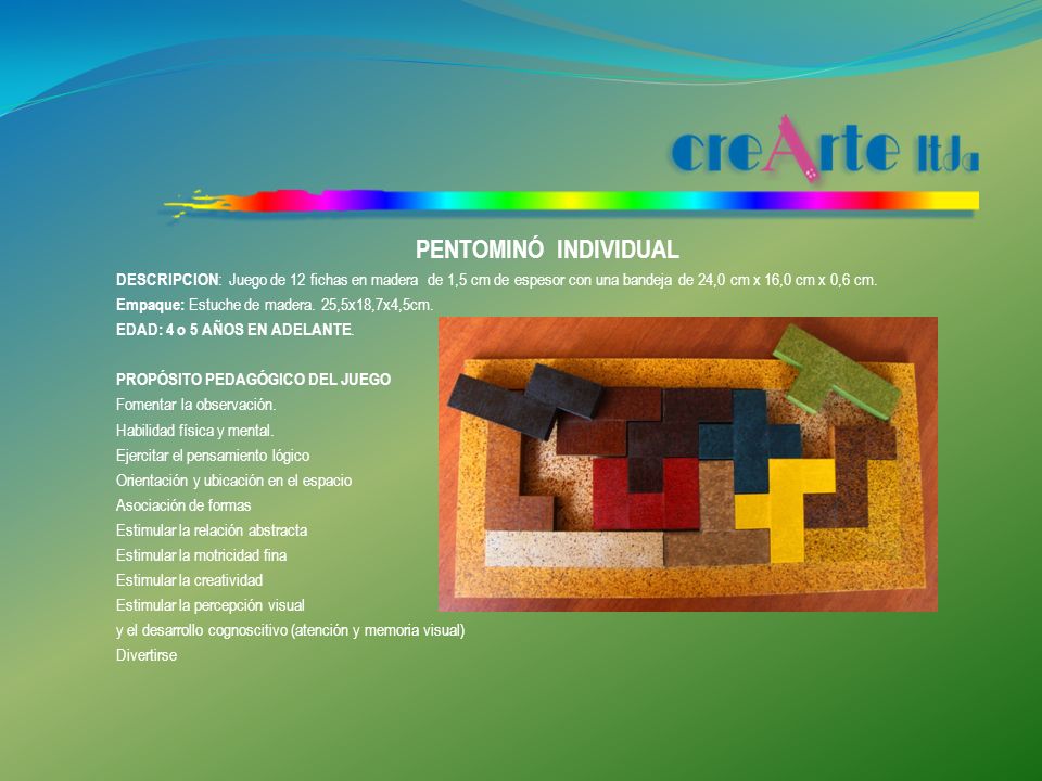 PENTOMINÓ INDIVIDUAL DESCRIPCION: Juego de 12 fichas en madera de 1,5 cm de espesor con una bandeja de 24,0 cm x 16,0 cm x 0,6 cm.