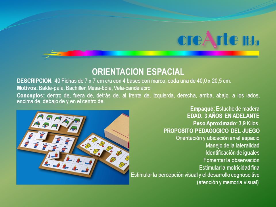 ORIENTACION ESPACIAL DESCRIPCION: 40 Fichas de 7 x 7 cm c/u con 4 bases con marco, cada una de 40,0 x 20,5 cm.