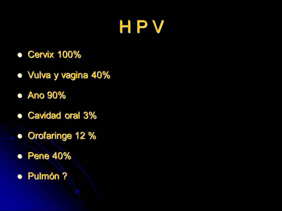 H P V Cervix 100% Vulva y vagina 40% Ano 90% Cavidad oral 3%