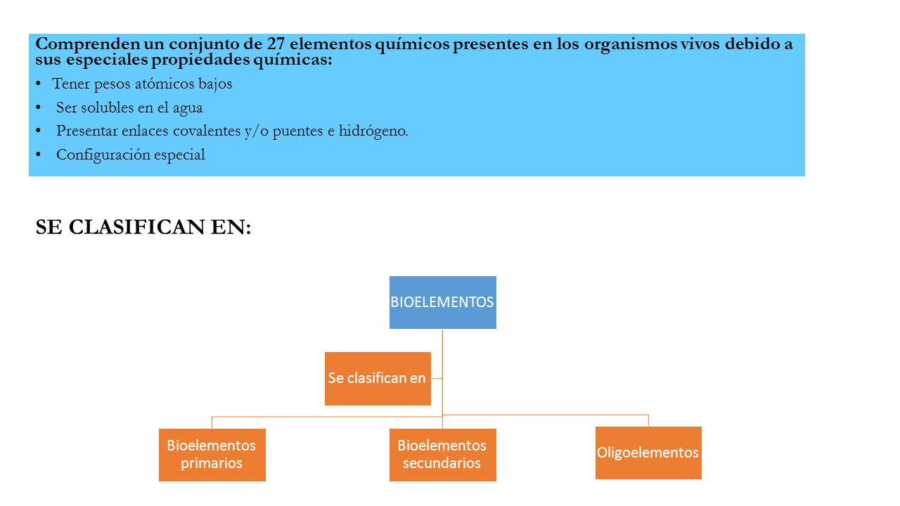 Comprenden un conjunto de 27 elementos químicos presentes en los organismos vivos debido a sus especiales propiedades químicas: