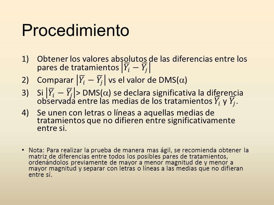 Procedimiento Obtener los valores absolutos de las diferencias entre los pares de tratamientos 𝑌 𝑖 − 𝑌 𝑗.