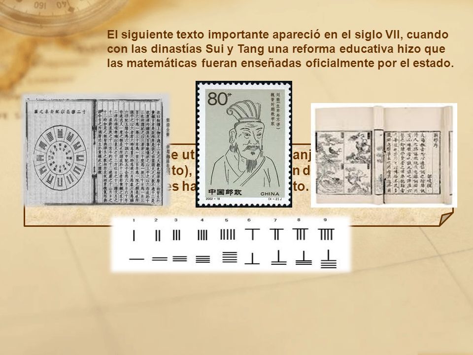 El siguiente texto importante apareció en el siglo VII, cuando con las dinastías Sui y Tang una reforma educativa hizo que las matemáticas fueran enseñadas oficialmente por el estado.