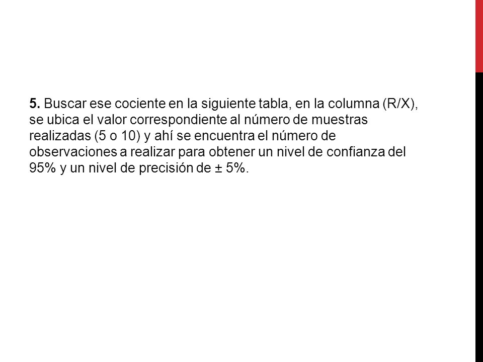 5. Buscar ese cociente en la siguiente tabla, en la columna (R/X), se ubica el valor correspondiente al número de muestras realizadas (5 o 10) y ahí se encuentra el número de observaciones a realizar para obtener un nivel de confianza del 95% y un nivel de precisión de ± 5%.