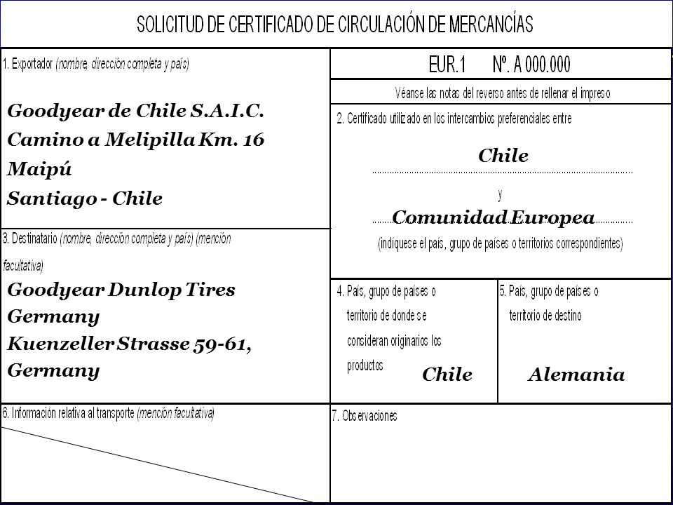 Goodyear de Chile S.A.I.C. Camino a Melipilla Km. 16. Maipú. Santiago - Chile. Chile. Comunidad Europea.