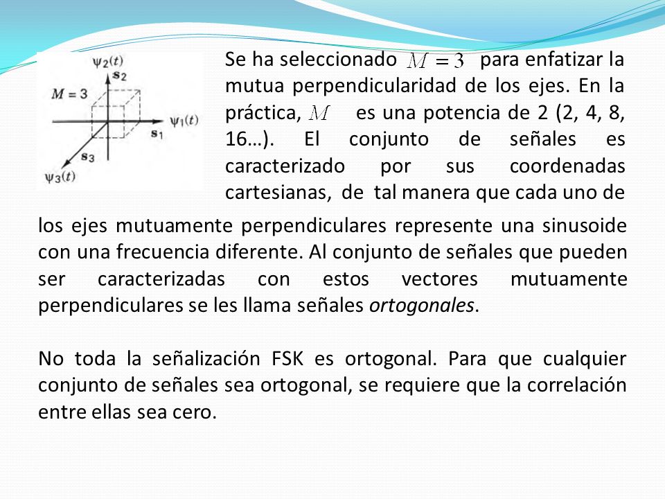 Se ha seleccionado para enfatizar la mutua perpendicularidad de los ejes. En la práctica, es una potencia de 2 (2, 4, 8, 16…). El conjunto de señales es caracterizado por sus coordenadas cartesianas, de tal manera que cada uno de