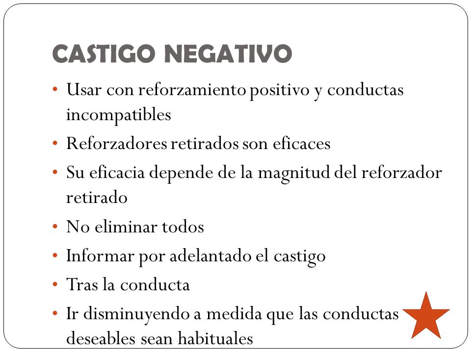 CASTIGO NEGATIVO Usar con reforzamiento positivo y conductas incompatibles. Reforzadores retirados son eficaces.
