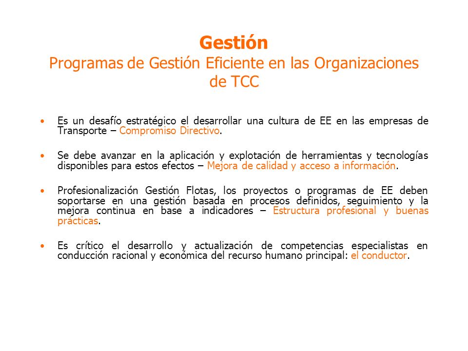 Gestión Programas de Gestión Eficiente en las Organizaciones de TCC