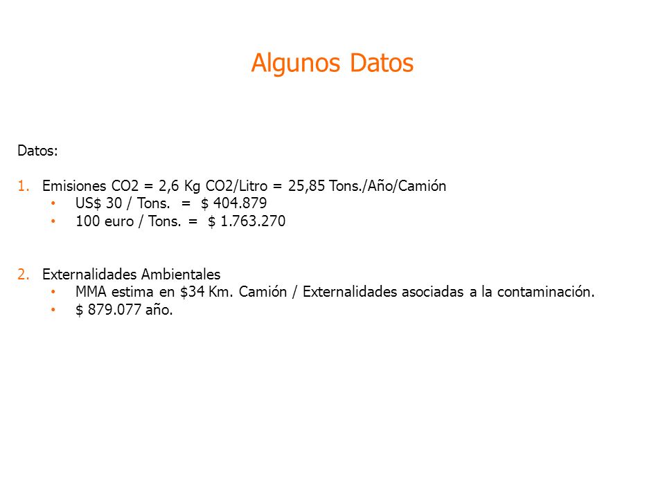 Algunos Datos Datos: Emisiones CO2 = 2,6 Kg CO2/Litro = 25,85 Tons./Año/Camión. US$ 30 / Tons. = $