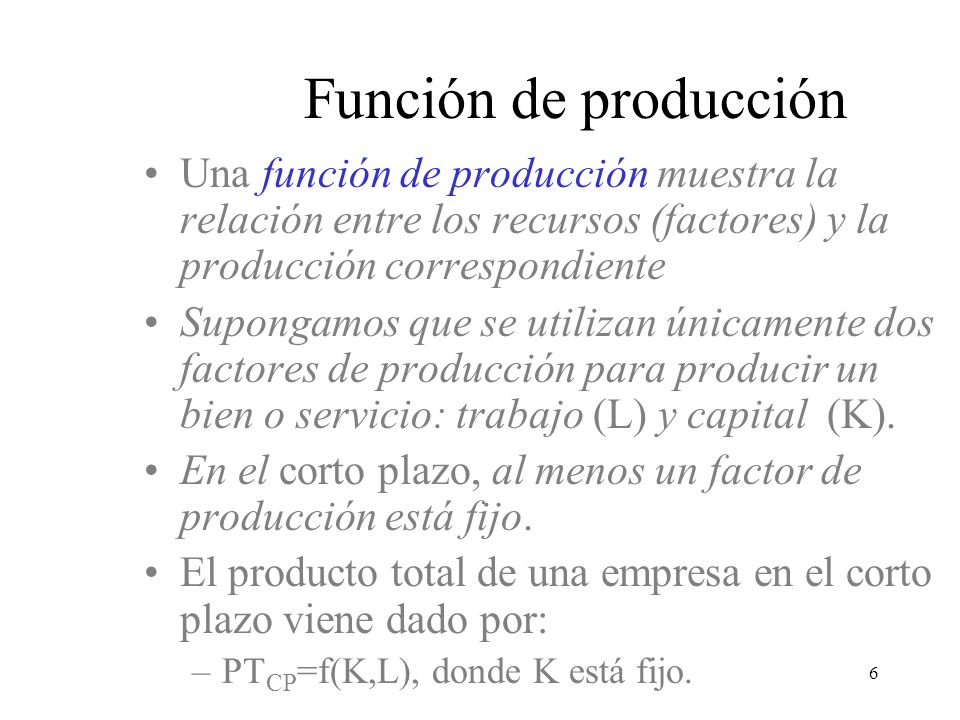 3/24/2017 Función de producción. Una función de producción muestra la relación entre los recursos (factores) y la producción correspondiente.