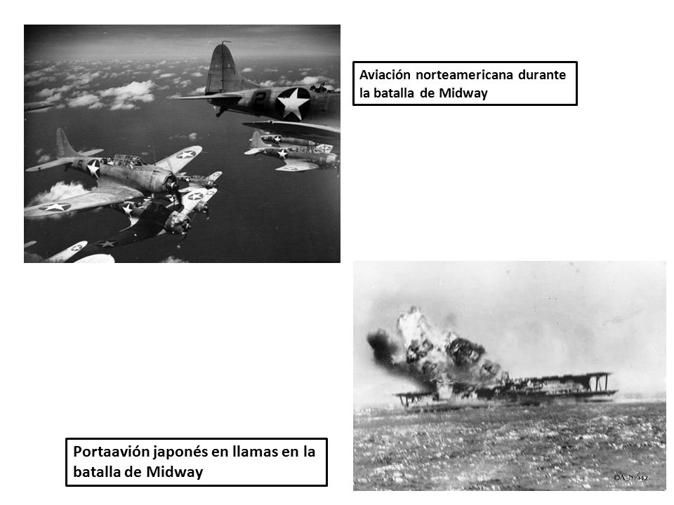 Portaavión japonés en llamas en la batalla de Midway