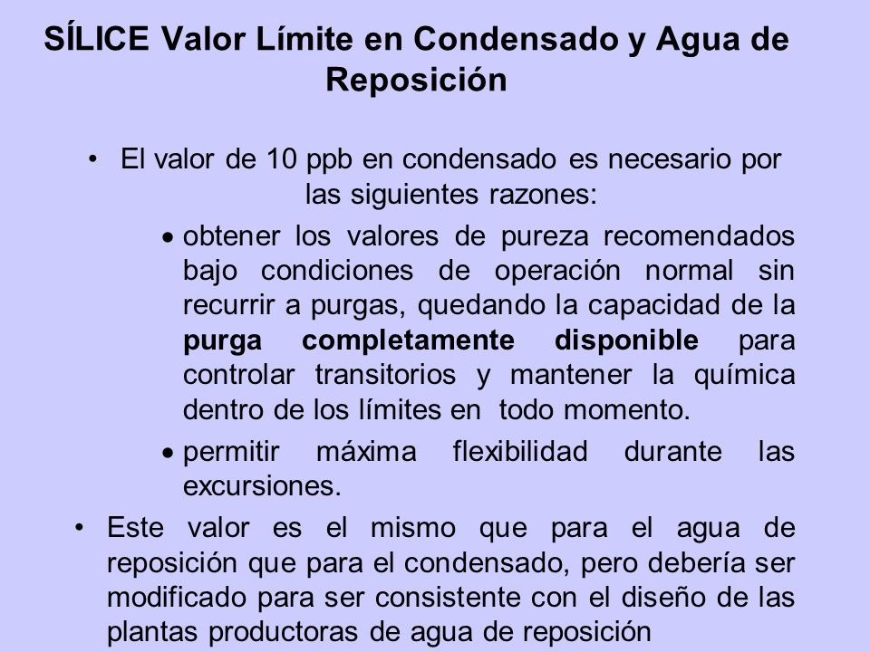 SÍLICE Valor Límite en Condensado y Agua de Reposición