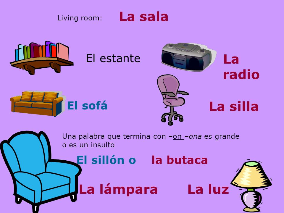 La sala La radio La silla La lámpara La luz El estante El sofá