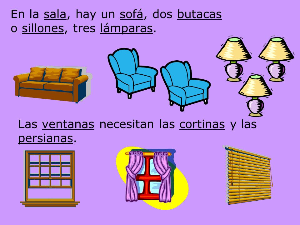 En la sala, hay un sofá, dos butacas o sillones, tres lámparas.