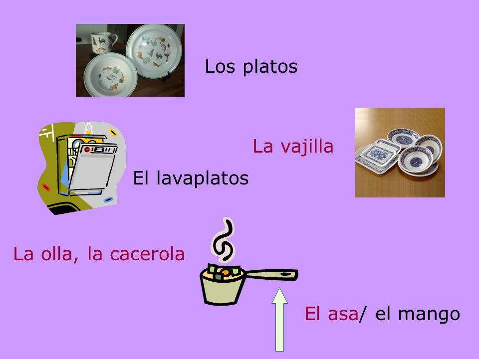 Los platos La vajilla El lavaplatos La olla, la cacerola El asa/ el mango