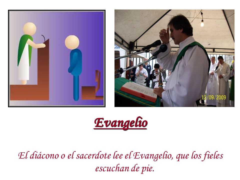 Evangelio El diácono o el sacerdote lee el Evangelio, que los fieles escuchan de pie.
