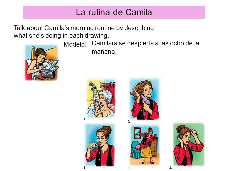 La rutina de Camila Talk about Camila’s morning routine by describing what she’s doing in each drawing.