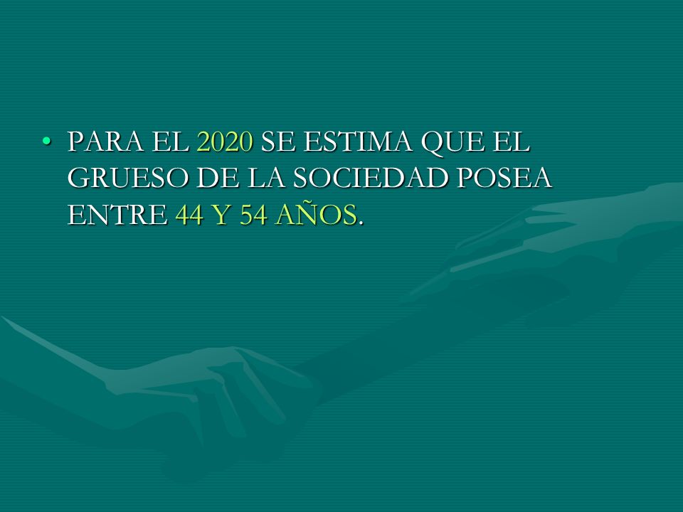 PARA EL 2020 SE ESTIMA QUE EL GRUESO DE LA SOCIEDAD POSEA ENTRE 44 Y 54 AÑOS.