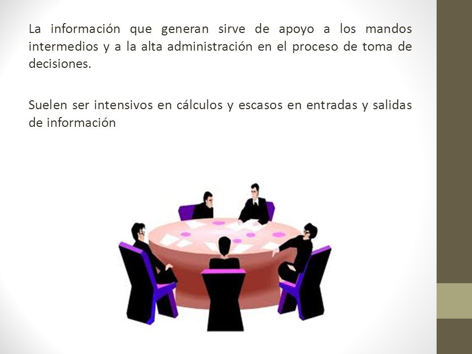 La información que generan sirve de apoyo a los mandos intermedios y a la alta administración en el proceso de toma de decisiones.