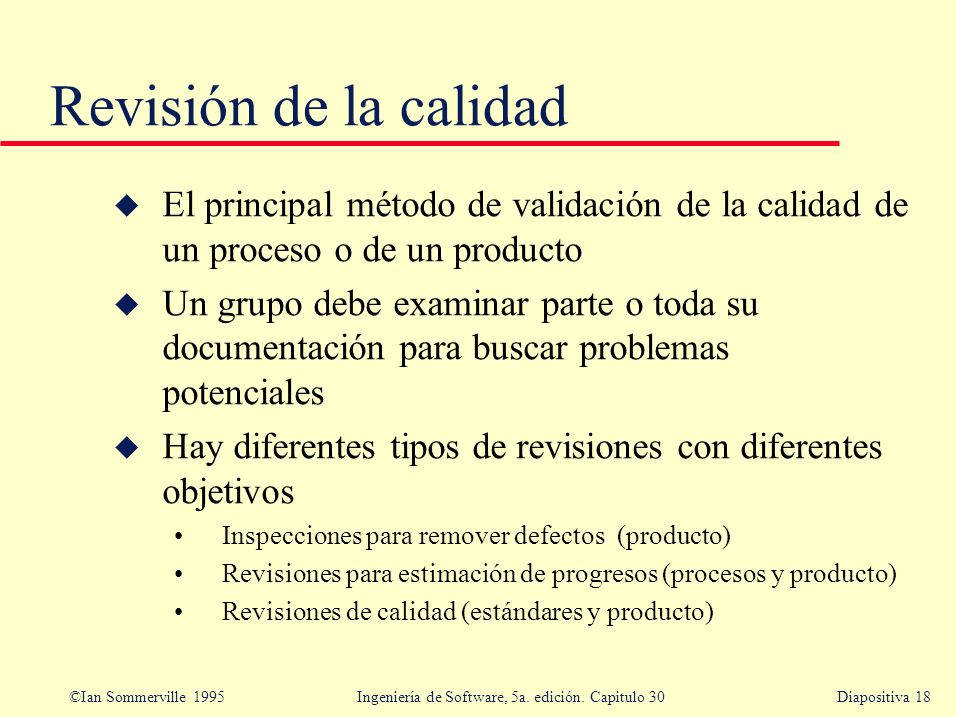 Revisión de la calidad El principal método de validación de la calidad de un proceso o de un producto.