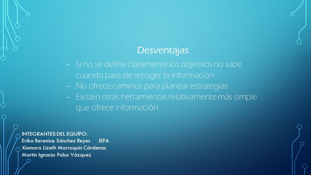 Desventajas Si no se define claramente los objetivos no sabe cuando para de recoger la información.