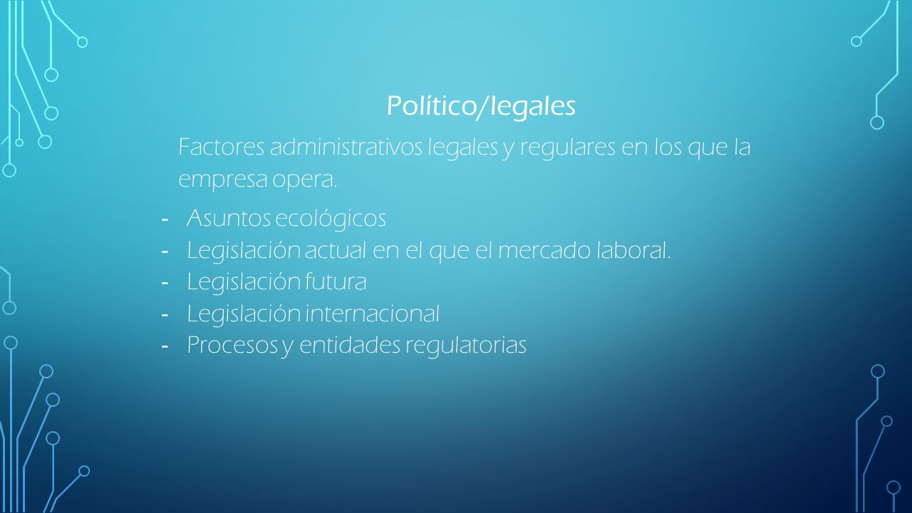 Político/legales Factores administrativos legales y regulares en los que la empresa opera. Asuntos ecológicos.