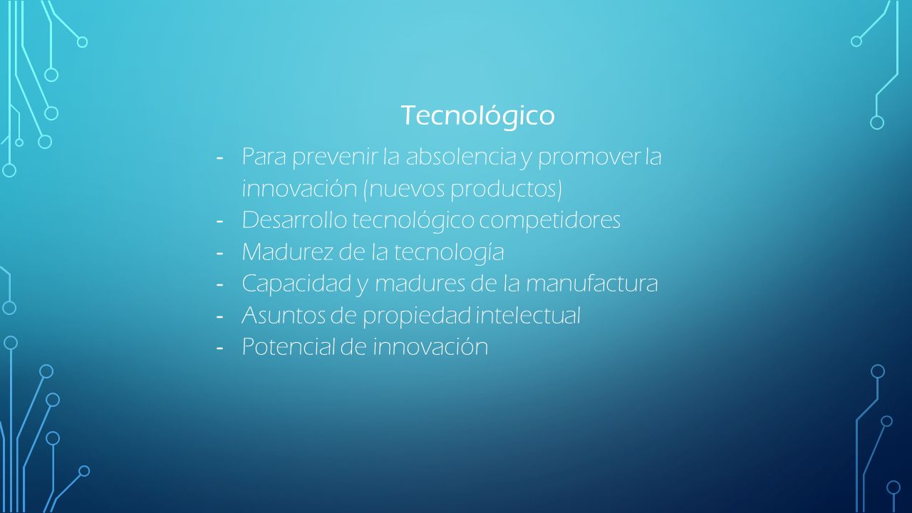 Tecnológico Para prevenir la absolencia y promover la innovación (nuevos productos) Desarrollo tecnológico competidores.