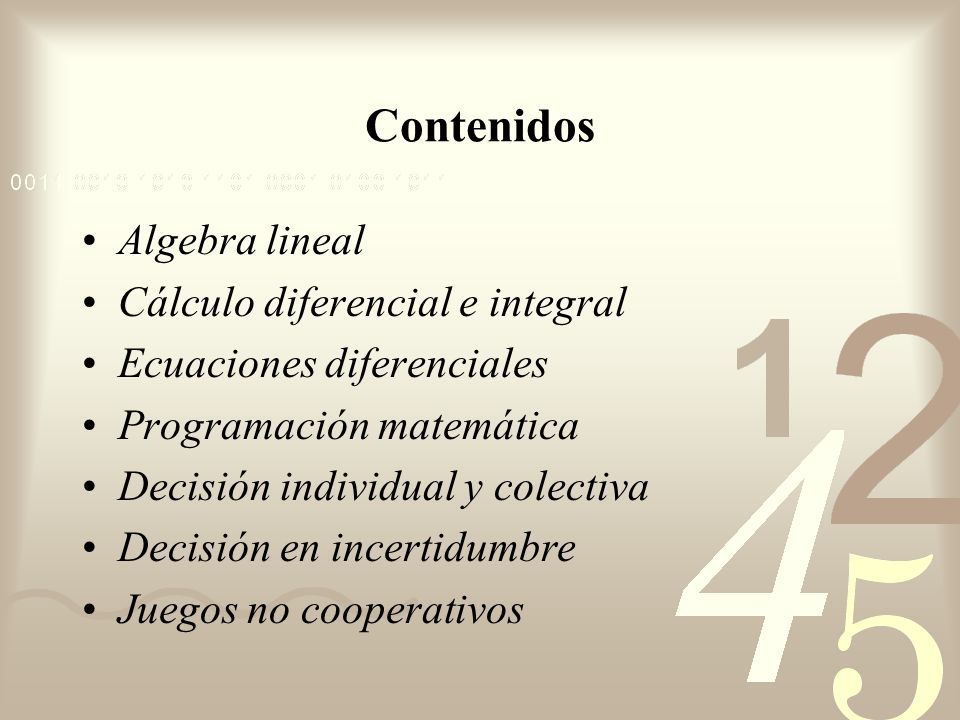 Contenidos Algebra lineal Cálculo diferencial e integral