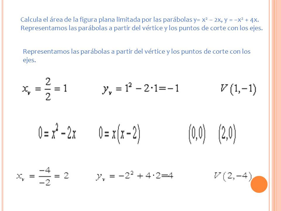 Calcula el área de la figura plana limitada por las parábolas y= x2 − 2x, y = −x2 + 4x.