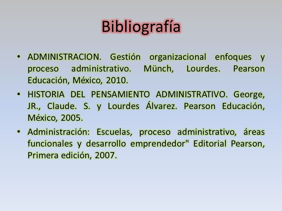 Bibliografía ADMINISTRACION. Gestión organizacional enfoques y proceso administrativo. Münch, Lourdes. Pearson Educación, México,