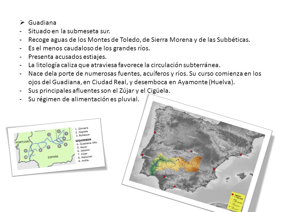 Guadiana Situado en la submeseta sur. Recoge aguas de los Montes de Toledo, de Sierra Morena y de las Subbéticas.