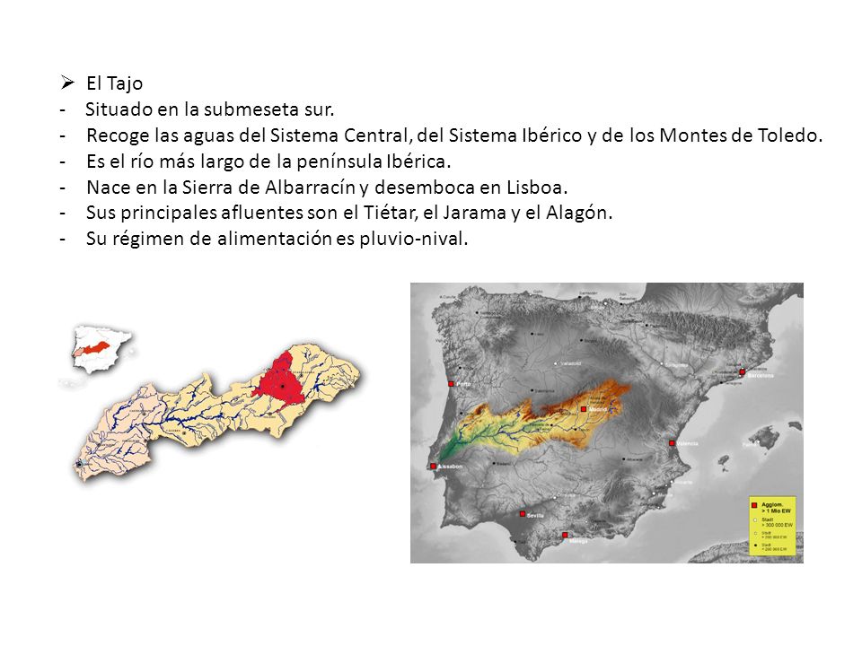 El Tajo - Situado en la submeseta sur. Recoge las aguas del Sistema Central, del Sistema Ibérico y de los Montes de Toledo.