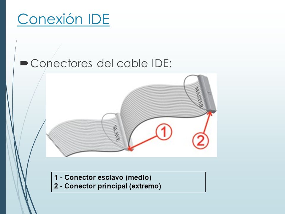 Conexión IDE Conectores del cable IDE: 1 - Conector esclavo (medio)
