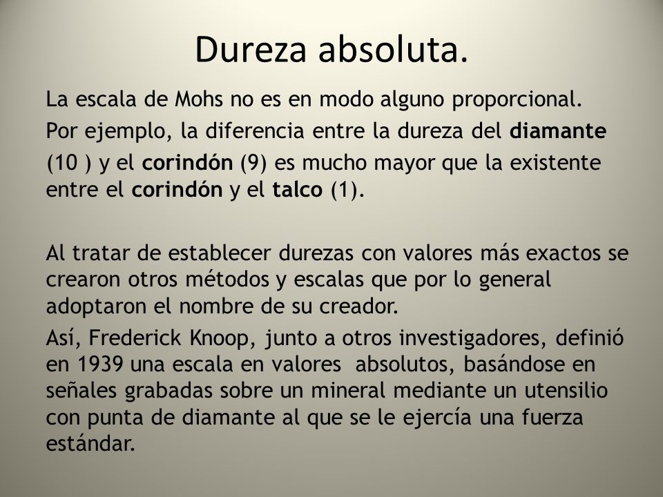 Dureza absoluta. La escala de Mohs no es en modo alguno proporcional.