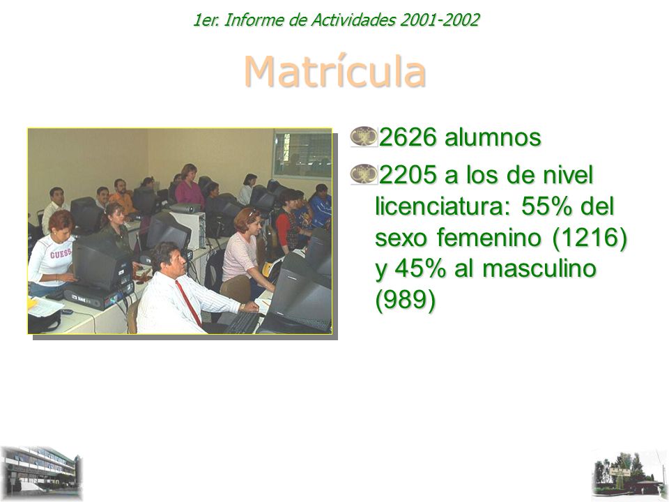 Matrícula 2626 alumnos a los de nivel licenciatura: 55% del sexo femenino (1216) y 45% al masculino (989)