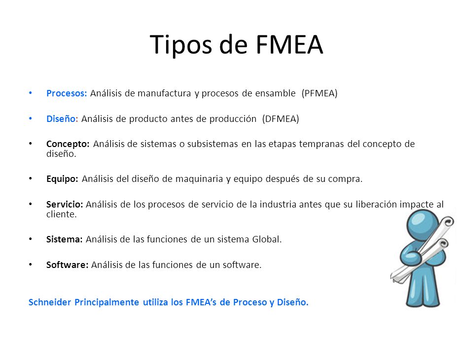 Tipos de FMEA Procesos: Análisis de manufactura y procesos de ensamble (PFMEA) Diseño: Análisis de producto antes de producción (DFMEA)