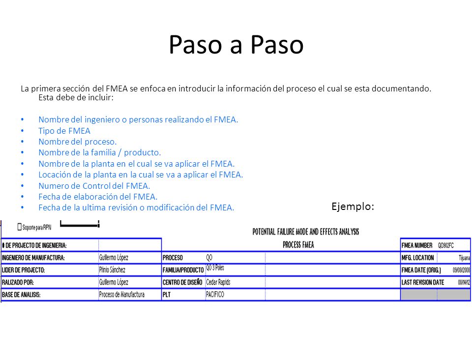 Paso a Paso La primera sección del FMEA se enfoca en introducir la información del proceso el cual se esta documentando. Esta debe de incluir: