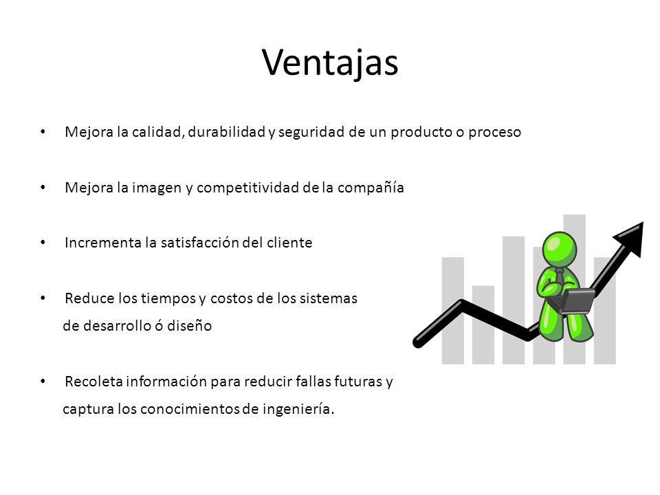 Ventajas Mejora la calidad, durabilidad y seguridad de un producto o proceso. Mejora la imagen y competitividad de la compañía.