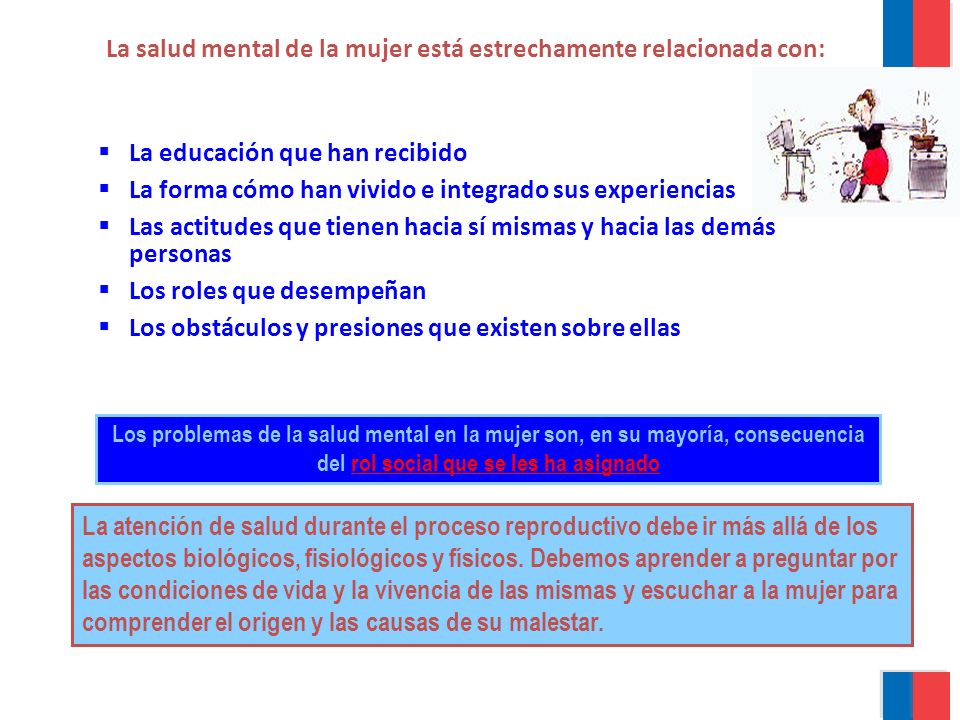 La salud mental de la mujer está estrechamente relacionada con: