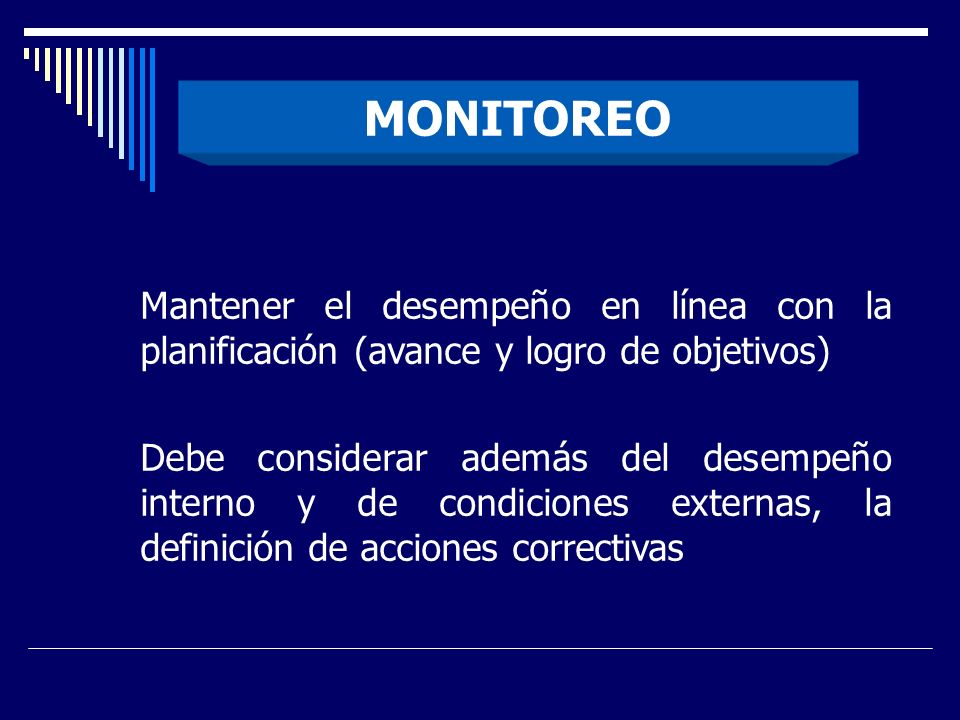 MONITOREO Mantener el desempeño en línea con la planificación (avance y logro de objetivos)
