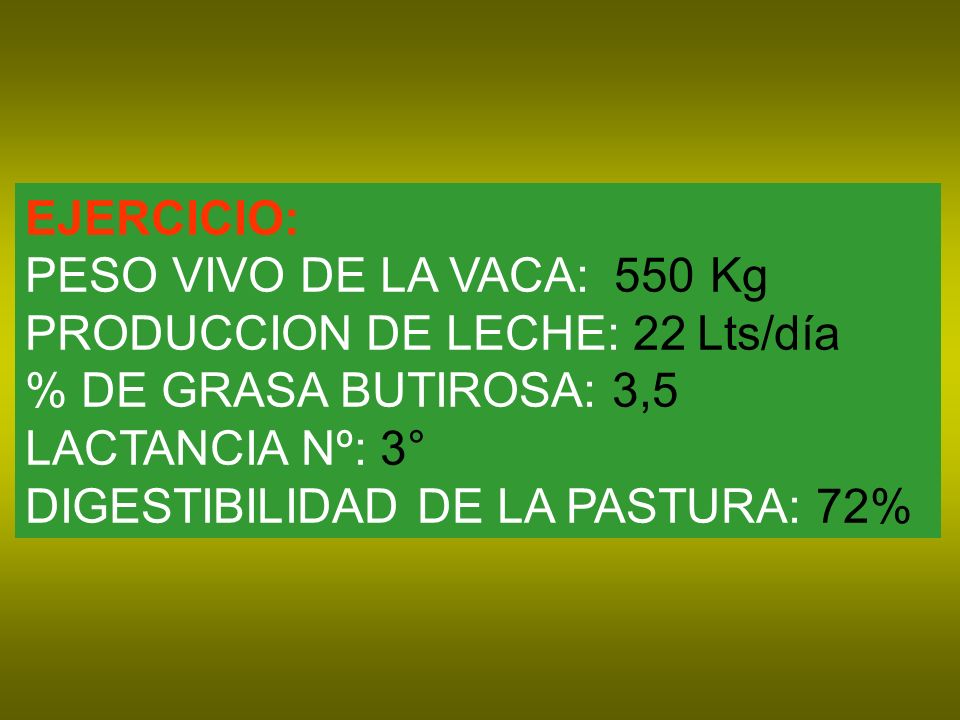 EJERCICIO: PESO VIVO DE LA VACA: 550 Kg. PRODUCCION DE LECHE: 22 Lts/día. % DE GRASA BUTIROSA: 3,5.
