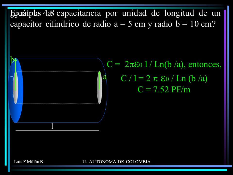 Ejemplo 4.8 ¿cuál es la capacitancia por unidad de longitud de un capacitor cilíndrico de radio a = 5 cm y radio b = 10 cm