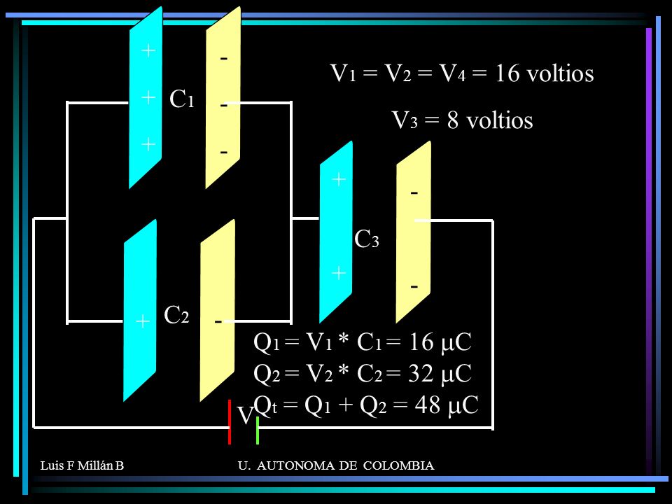 Q1 = V1 * C1 = 16 mC Q2 = V2 * C2 = 32 mC Qt = Q1 + Q2 = 48 mC