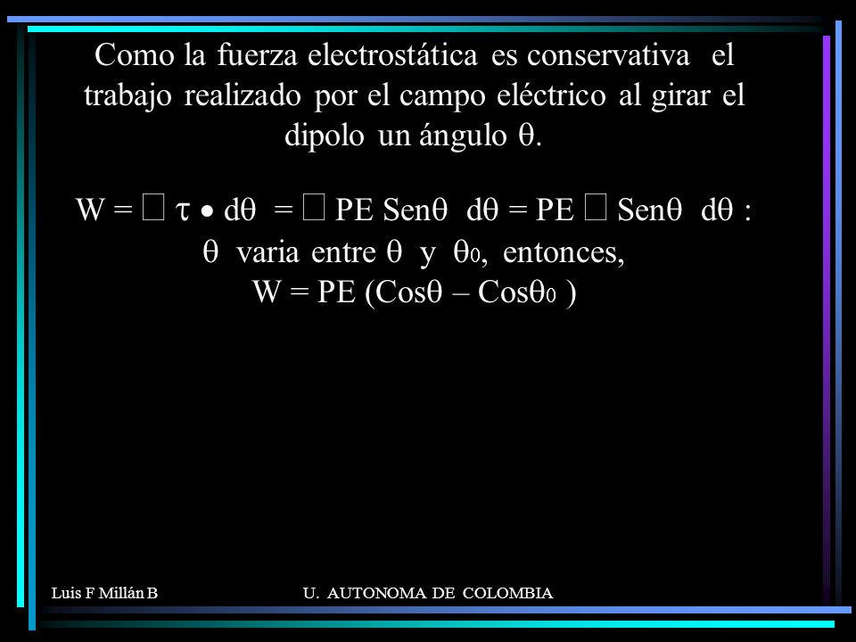 Como la fuerza electrostática es conservativa el trabajo realizado por el campo eléctrico al girar el dipolo un ángulo q.