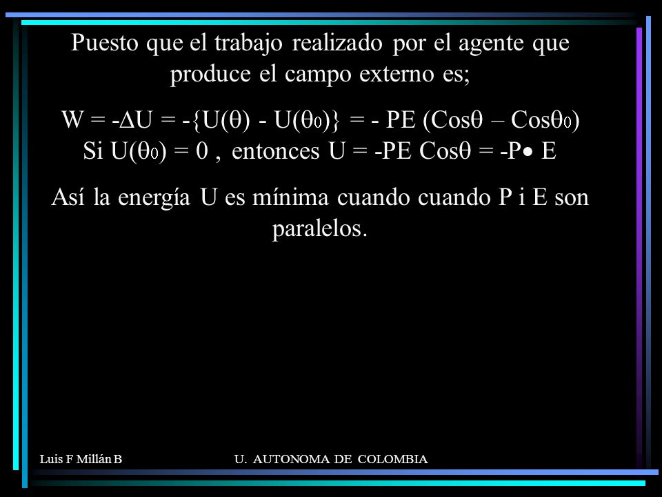 Así la energía U es mínima cuando cuando P i E son paralelos.