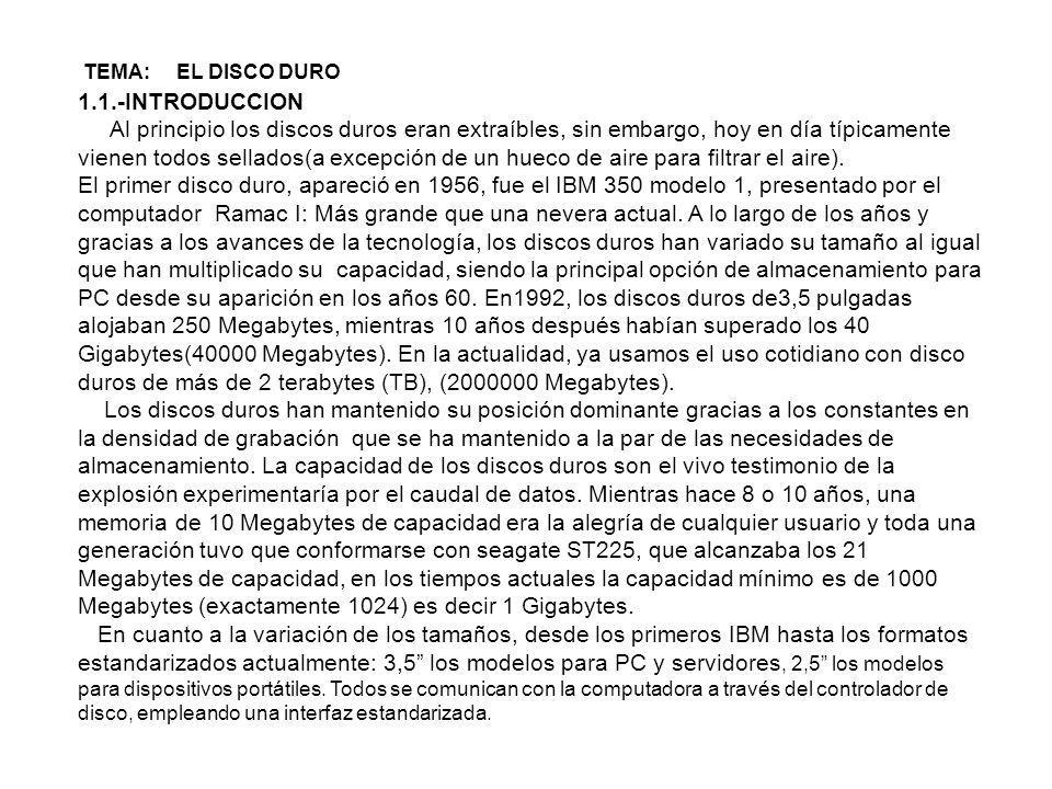 TEMA: EL DISCO DURO 1.1.-INTRODUCCION Al principio los discos duros eran extraíbles, sin embargo, hoy en día típicamente vienen todos sellados(a excepción de un hueco de aire para filtrar el aire).