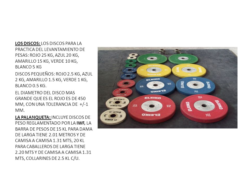 LOS DISCOS: LOS DISCOS PARA LA PRACTICA DEL LEVANTAMIENTO DE PESAS: ROJO 25 KG, AZUL 20 KG, AMARILLO 15 KG, VERDE 10 KG, BLANCO 5 KG
