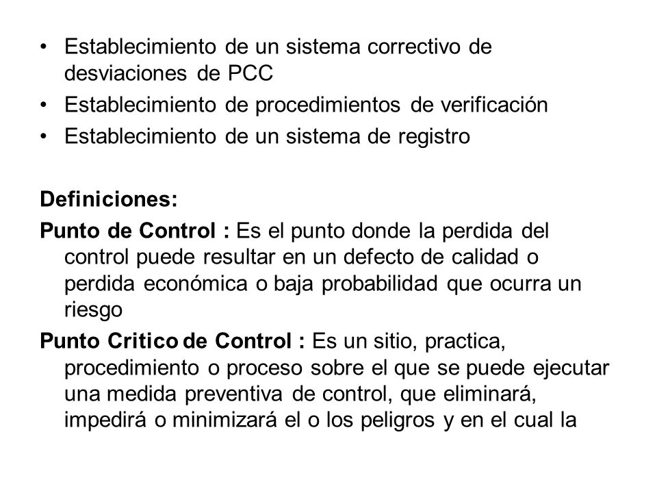 Establecimiento de un sistema correctivo de desviaciones de PCC