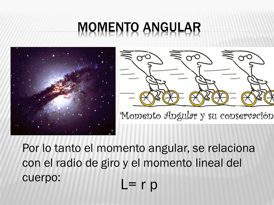 Momento angular Por lo tanto el momento angular, se relaciona con el radio de giro y el momento lineal del cuerpo: