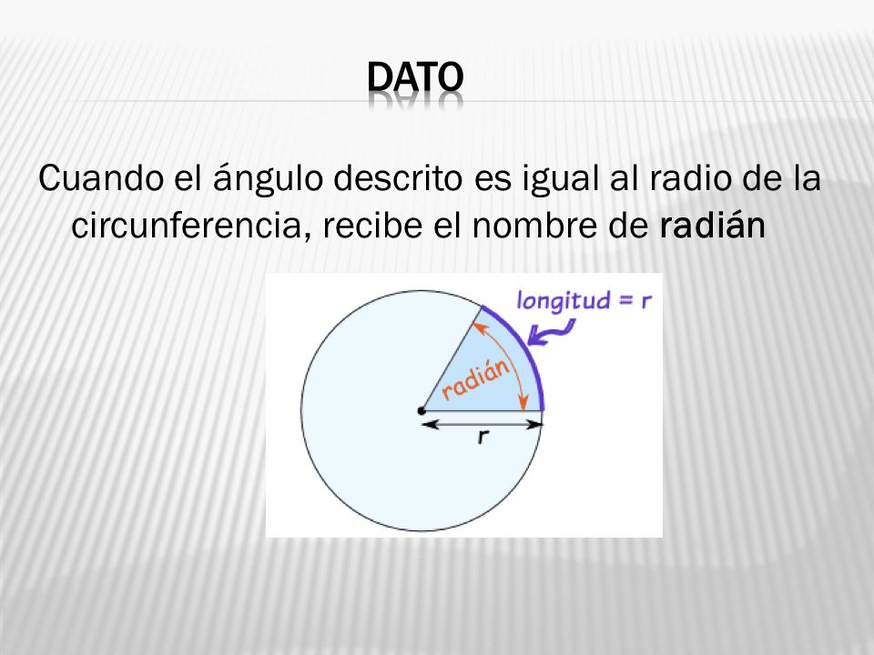 dato Cuando el ángulo descrito es igual al radio de la circunferencia, recibe el nombre de radián