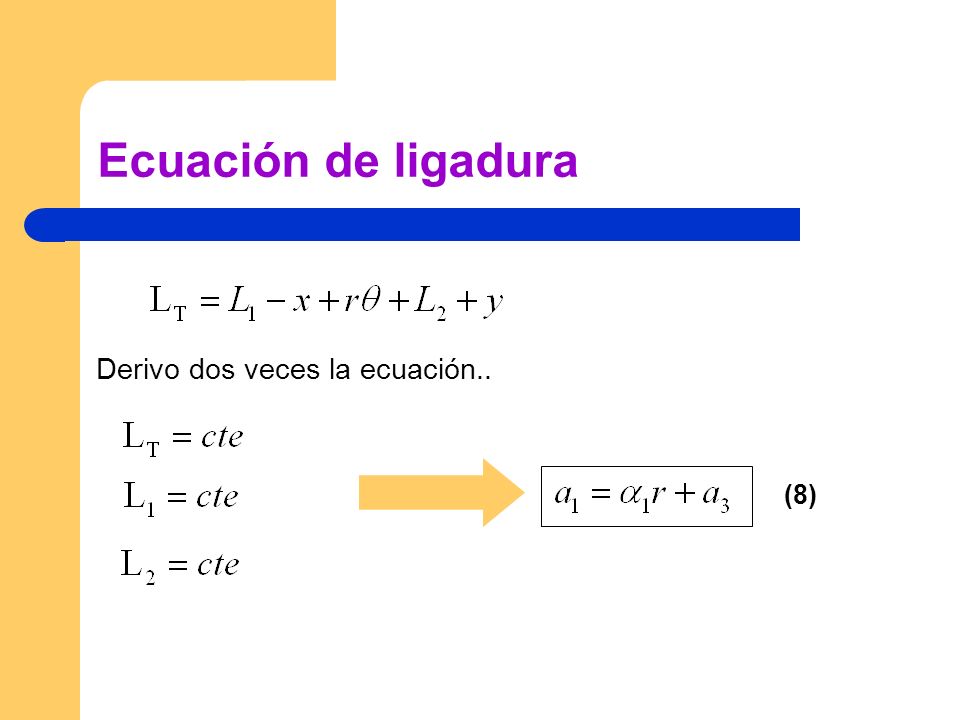 Ecuación de ligadura Derivo dos veces la ecuación.. (8)
